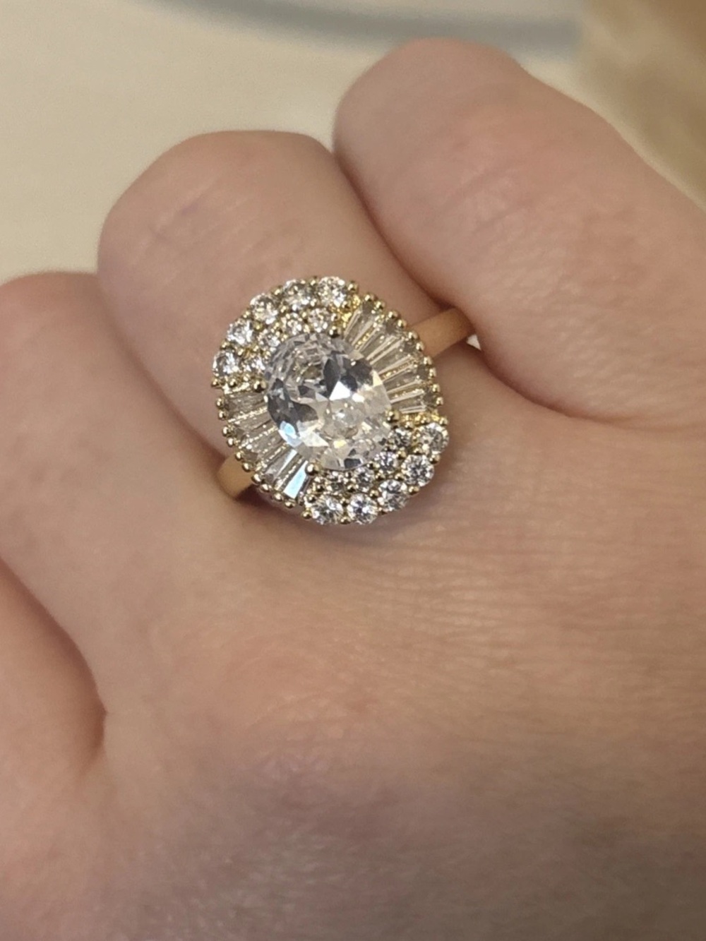 Gold Plated Oval Halo Statement Ring Size 7 CZ Baguette Halo Cocktail Ring